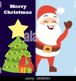 Modello vettore banner Natale con simpatico Santa felice e l'illustrazione dell'albero di Natale Illustrazione Vettoriale