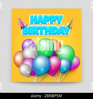 Modello vettore biglietto di auguri buon compleanno con foglio di carta vuoto e palloncini colorati e realistici isolati su illustrazione trasparente di sfondo Illustrazione Vettoriale