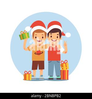 Due ragazzi di cartoni animati celebrano Natale e Capodanno su sfondo bianco. Illustrazione vettoriale Illustrazione Vettoriale