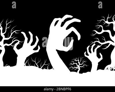 Bianco horror zombi mani e silhouette albero banner vettoriale illustrazione di disegno Illustrazione Vettoriale