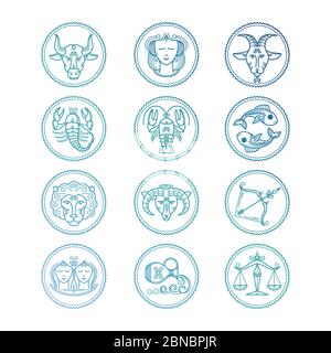 Icone di linea Set vettoriale segni zodiacali. Colorati emblemi oroscopici isolati su illustrazione bianca Illustrazione Vettoriale