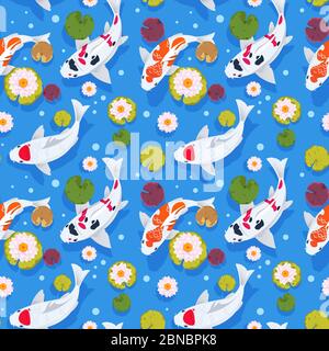 Koi pesce modello senza giunture. Carpa giapponese nel giardino della cina. Sfondo natura orientale. Sfondo vettoriale asiatico. Illustrazione del modello di pesce senza giunture, carpa giapponese Illustrazione Vettoriale
