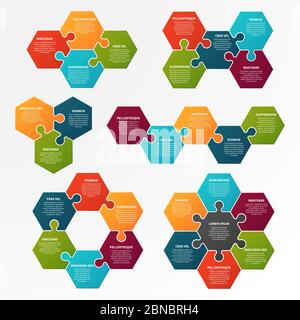 Infografica sui puzzle. Processo opzionale, flusso di lavoro infocchart con puzzle. Modello isolato vettoriale infografico aziendale STEP. Layout passo puzzle, illustrazione infografica del progetto infochart Illustrazione Vettoriale