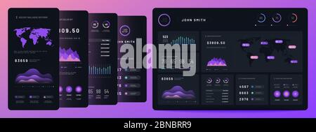 Dashboard digitali. Grafico a barre e istogramma per le aziende mobili, diagramma economico e grafici a torta. Elementi vettoriali per infografiche di marketing. Interfaccia del pannello dell'interfaccia utente per l'illustrazione di smartphone e tablet Illustrazione Vettoriale