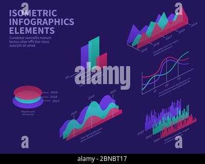 Elementi infografici isometrici. grafici 3d, grafico a barre, istogramma di mercato e diagramma di livello. Infografiche vettoriali di presentazione aziendale. Illustrazione delle informazioni di progettazione del grafico 3D piatto Illustrazione Vettoriale