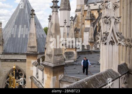 L'impiegato del Works Ian Bartlett controlla il tetto del Triforio presso l'Abbazia di Westminster a Londra, dove un piccolo team dedicato rimane sul posto per curare l'edificio di 750 anni, mentre è chiuso durante la crisi del coronavirus. Foto Stock