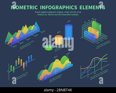 Infografiche isometriche. Grafici di presentazione, grafici di livello di dati statistici e diagrammi a barre di marketing. progettazione vettoriale isometrica 3d. visualizzazione 3d, illustrazione della linea temporale delle informazioni finanziarie Illustrazione Vettoriale