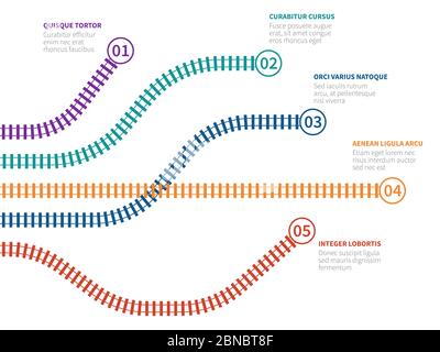 Infografica sulle piste ferroviarie. Diagramma delle opzioni di tracciamento del binario, diagramma di flusso a gradini. Infografiche vettoriali dei processi aziendali. Illustrazione della ferrovia grafica aziendale Illustrazione Vettoriale