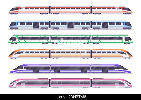 Treni passeggeri. Metropolitana e treno moderni. Vettore di trasporto urbano impostato. Treno e ferrovia, illustrazione dei passeggeri dei trasporti Illustrazione Vettoriale