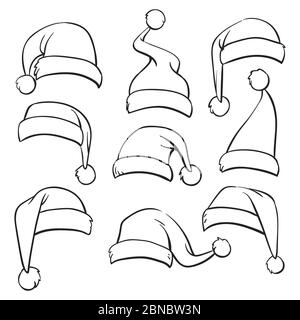 Santa cappelli set di schizzo isolato su sfondo bianco. Illustrazione vettoriale Illustrazione Vettoriale