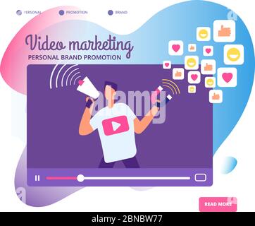 Video marketing virale. Promozione del marchio personale, comunicazione di social network e video influencer illustrazione del concetto di vettore di mercato. Illustrazione della promozione sociale di vendita di pubblicità virale Illustrazione Vettoriale