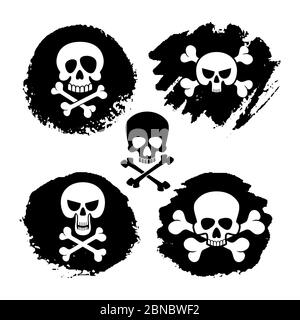 Icone vettoriali di cranio bianco pirateria e crossoni: Morte, simboli spaventosi e decorazioni grunge Illustrazione Vettoriale