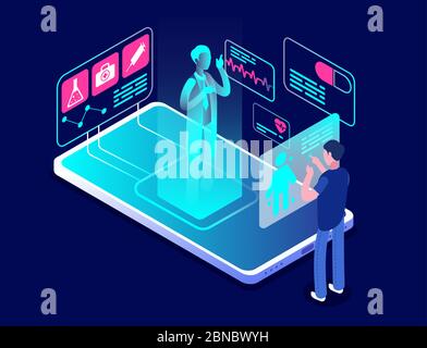 App medica. Applicazione di diagnostica e consulenza su smartphone. Tecnologia sanitaria, assistente sanitario, concetto vettoriale telemedicina. Illustrazione della comunicazione online del medico di ologramma Illustrazione Vettoriale