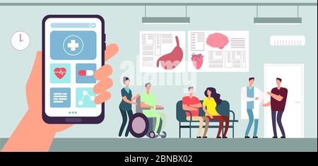 App medica. Applicazione per telefono cellulare per il settore sanitario. Paziente e infermiere in sala d'attesa del medico in ospedale. Concetto vettoriale dell'app per smartphone e illustrazione dell'ospedale medico Illustrazione Vettoriale