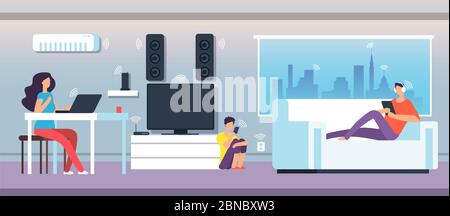 Campo elettromagnetico a casa. Persone sotto onde EMF da apparecchi e dispositivi. Concetto di vettore di inquinamento elettromagnetico. Immagine della comunicazione di rete intelligente wifi digitale Illustrazione Vettoriale