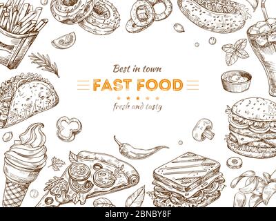 Fast food background. Disegno di schizzo hamburger, cola snack. Gelato alla pasta, pizza e sandwich. Poster vettoriale del ristorante fast food. Illustrazione del doodle del fast food, banner del menu della cena Illustrazione Vettoriale