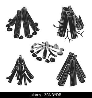 Silhouette nere tronchi di legno per l'illustrazione del vettore di fuoco isolato su sfondo bianco Illustrazione Vettoriale