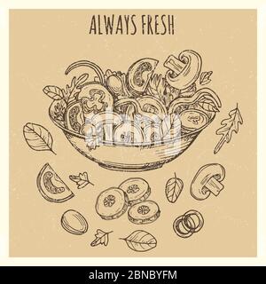 Insalata verde fresco vintage banner poster con disegno sfondo con verdure disegnate a mano. Illustrazione vettoriale Illustrazione Vettoriale