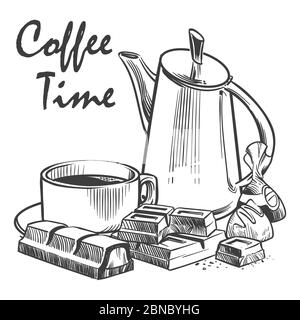 Illustrazione del vettore tempo del caffè estratto a mano. Tazza di caffè, cioccolato, pralina e pentola isolati su sfondo bianco Illustrazione Vettoriale