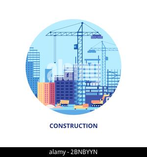 Casa di costruzione. Processo di lavoro della costruzione di edifici e modello di banner di macchinari. Architettura di lavoro di costruzione, digger su illustrazione del luogo Illustrazione Vettoriale