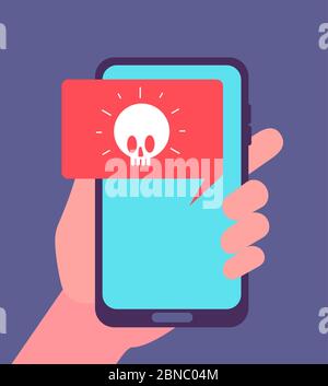 Avviso virus. Notifica malware sullo schermo dello smartphone. Attacco hacker e vettore di messaggi spam. Immagine di un virus della schermata di avviso, attacco di spam hacking Illustrazione Vettoriale