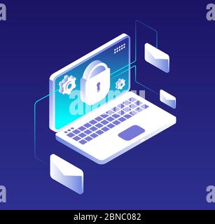 Concetto di protezione dei dati. Crittografia del database di posta elettronica, protezione del computer, delle informazioni e dello storage. Illustrazione di antivirus e vettoriali vpn. Immagine della protezione e-mail del computer portatile, antivirus dei dati di protezione Illustrazione Vettoriale