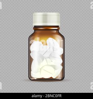 Flacone di farmaci realistico isolato su sfondo trasparente. Flacone di vetro marrone con pillole - illustrazione del vettore della medicina. Flacone medico con compresse, farmacia e contenitore di farmaci Illustrazione Vettoriale
