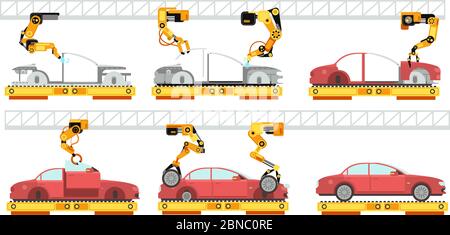 Fabbrica di automobili. Linea di assemblaggio automotive robotizzate con automobili. Concetto di trasportatore per il montaggio di autoveicoli. Complessivo convogliatore per auto, illustrazione della produzione automobilistica in fabbrica Illustrazione Vettoriale