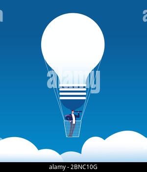 Uomo d'affari in mongolfiera. Uomo con la lente di ingrandimento in palloncino come la lampadina. Opportunità di business, concetto di vettore di nuova idea e visione strategica. Uomo con telescopio in palloncino illustrazione Illustrazione Vettoriale