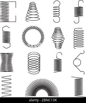 Icone molla in metallo. Linee a spirale flessibili, bobine in acciaio simboli vettoriali isolati. Bobina flessibile e molla, spirale dell'illustrazione della linea di parte Illustrazione Vettoriale