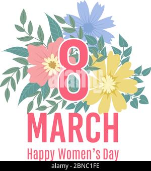 Biglietto d'auguri dell'8 marzo. Felice sfondo giorno donna con fiori di primavera. Modello vettoriale newsletter con elementi floreali. Illustrazione del biglietto di auguri otto marzo, giornata internazionale felice della donna Illustrazione Vettoriale