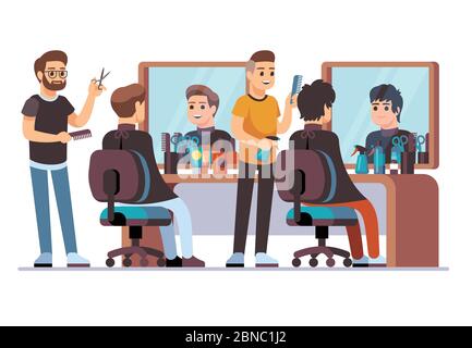 Parrucchiere con cliente. Barbiere facendo capelli maschile elegante in barbiere interni con specchi. Bellezza salone di illustrazione vettoriale. Professione di parrucchiere e barbiere sul posto di lavoro Illustrazione Vettoriale