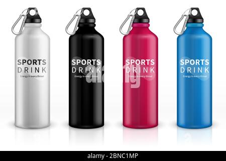 Bottiglie in acciaio inox per lo sport. Pallone riutilizzabile per bevande in metallo. mockup vettoriale 3d realistico. Illustrazione dell'acqua del contenitore per la bici sportiva e il fitness Illustrazione Vettoriale
