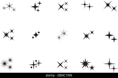 Stella scintillante. Star, twinkles silhouette nere vettoriali isolato collezione. Illustrazione del gruppo di stelle e asterischi, stella scintillante, silhouette scintillante Illustrazione Vettoriale