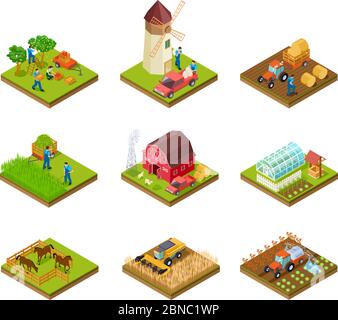 Azienda isometrica. Autocarro e trincia. Bestiame e piante verdi agricole. set di vettori di terreni agricoli 3d. Illustrazione dell'azienda isometrica, coltivatore 3d con fienile e trattore Illustrazione Vettoriale