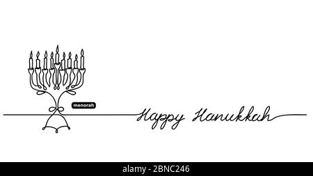 Happy Hanukkah menorah vettore sfondo con lettere Happy Hanukkah e spazio copia. Un disegno a linea continua, sfondo, banner Illustrazione Vettoriale