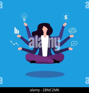 Donna d'affari multitasking. L'amministratore di Office Manager è responsabile del lavoro professionale. Concetto efficace di vettore di gestione. Lady multitasking business occupato, illustrazione manager donna d'affari Illustrazione Vettoriale