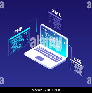 Concetto di codifica. Sviluppo di siti Web e programmazione di software per applicazioni con computer portatili e schermi virtuali. HTML5 e background vettore di codice php. Illustrazione del codice di programmazione php, sviluppo della codifica Illustrazione Vettoriale