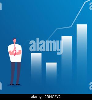 Concetto di crescita del mercato. Uomo d'affari con grafico di crescita. Business di successo, pianificazione del reddito di investimento e poster vettore di crescita della carriera. Illustrazione del grafico finanziario in su, profitto e finanziario di investimento Illustrazione Vettoriale