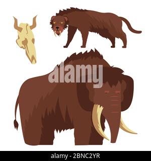 Animali dell'età della pietra. Immagine vettoriale con mammut e tigre a denti di sciabola isolata su sfondo bianco Illustrazione Vettoriale