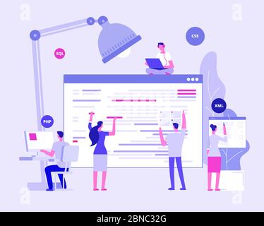 Sviluppo di siti Web. Designer e programmatori creano un sito aziendale. Concetto di vettore di codifica di sito web. Illustrazione della pagina Internet del sito di sviluppo Illustrazione Vettoriale