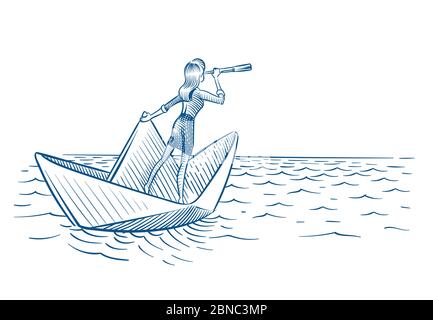 Leader donna d'affari. Donna con vela telescopica su barca di carta. Visione di carriera futura e concetto di doodle vettore di leadership. Illustrazione di leader con telescopio o Spyglass, donna d'affari in barca Illustrazione Vettoriale