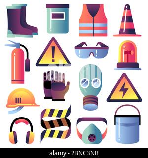 Attrezzature di sicurezza. Protezione personale per lavori edili. Casco, guanto e occhiali. Icone vettore lavoro sicurezza. Illustrazione dell'attrezzatura dell'elmetto, della protezione del lavoro e della sicurezza Illustrazione Vettoriale