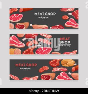 Striscioni di prodotti a base di carne Carne di manzo e maiale, prosciutto e salame, pancetta. Set vettoriale banner carne macelleria. Illustrazione del banner e del poster della macelleria Illustrazione Vettoriale