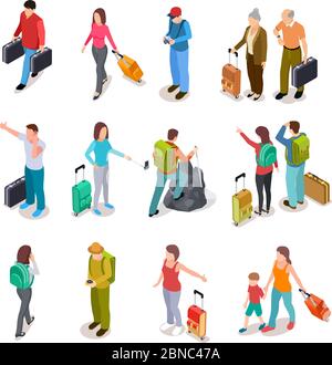 Set isometrico persone in viaggio. Uomini, donne e bambini con bagaglio. Famiglia turistica, passeggeri e bagagli. Collezione vettoriale turistica. Illustrazione di avventura di viaggio della gente, camminando e isometria di escursione Illustrazione Vettoriale