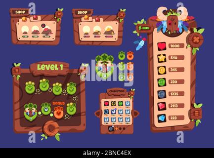 ui del gioco Cartoon. Elementi in legno e menu a comparsa, pulsanti e icone. design vettoriale dell'interfaccia di gioco 2d. Illustrazione dell'interfaccia di gioco, menu gui cartoon Illustrazione Vettoriale