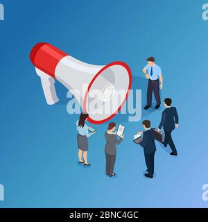 Gli uomini d'affari sono in attesa di annuncio vettore isometrico concetto. Illustrazione di donne, uomini e megafono 3d. Megafono e persone, annuncio di promozione da altoparlante Illustrazione Vettoriale
