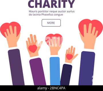 Concetto di carità e donazione. Mani di volontariato che tengono cuori rossi. Poster vettoriale per la generosità, la sanità e l'aiuto umanitario. Volontariato e carità, aiuto e illustrazione Illustrazione Vettoriale