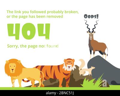 Errore 404. Pagina del sito Web non trovata con messaggio di avviso. Modello vettoriale con illustrazione di animali selvatici Illustrazione Vettoriale