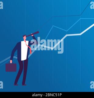 Visione aziendale. Uomo d'affari con telescopio in vista di un futuro successo. Concetto vettoriale di piano di leadership e strategia. Ricerca di leadership aziendale con illustrazione telescopica Illustrazione Vettoriale